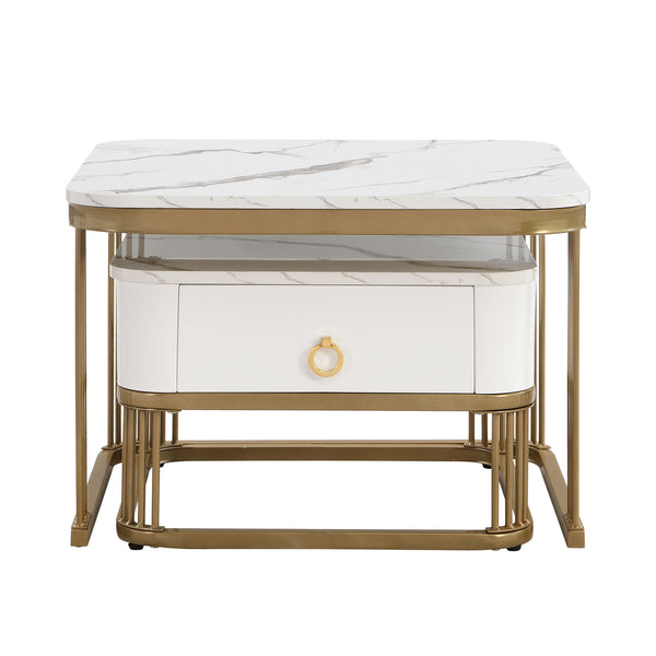 Modern Pedestal Base Space Saving Coffee Table Set of Two, Engineered Wood and Artificial Board Construction, Hardwood, Black Finish, High Gloss Stone Table Top, Metal Golden Accents, with Drawer, Without Electricity, Battery Free.
