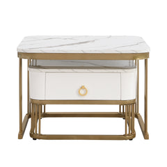 Modern Pedestal Base Space Saving Coffee Table Set of Two, Engineered Wood and Artificial Board Construction, Hardwood, Black Finish, High Gloss Stone Table Top, Metal Golden Accents, with Drawer, Without Electricity, Battery Free.