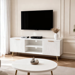 Modern Minimalist Style White Stripes TV Stand 47.2inch Media Unit Storage Cabinet with Open Storage Shelves Entertainment Center for 55 inches TVs Living Room Furniture Cupboard 120cm