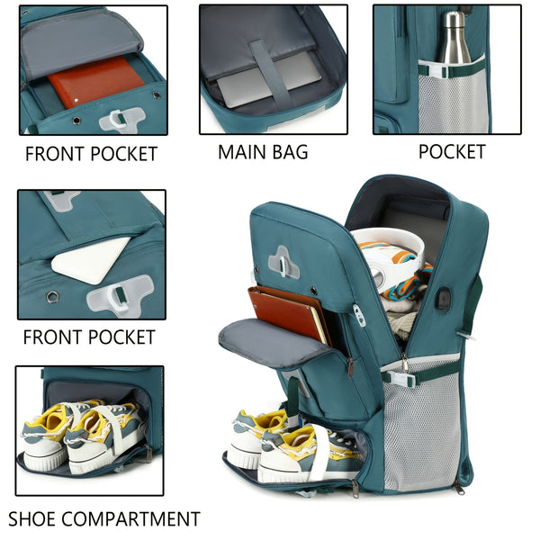 ENOSHI Airline Approved Travel Backpack with Shoe Compartment & 43.94cm Laptop Sleeve - USB Charging Port, Adjustable Straps, Mesh Pockets - Durable Polyester Gym, Business & Weekend Backpack for Men & Women (Light Gray), Workout Gear, Functional Compartm