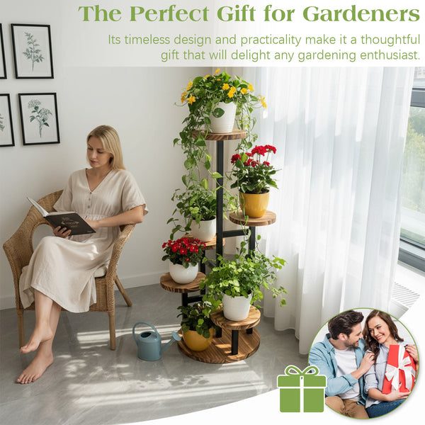 1 6-Tier Plant Stand with Wide Tray & Corner Pot Holder - Heavy-Duty Wood & Iron Multi-Tier Flower Display Shelf Suitable for /Outdoor Use, Space-Saving Step Shelves with Plant Display (Balcony,,)