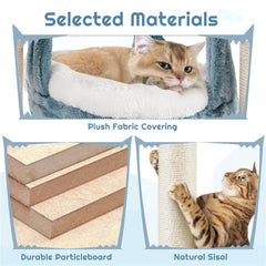 115cm Cat Tree, Tall Ocean-themed Cat Tree, Multi-Level Cat Climbing Tree, Plush Cat Tower with 3 Sisal Scratching Posts, Round Entrance, 3 Perches, Hammock, Cat Tower for Small- to Medium-sized Cats Blue / White