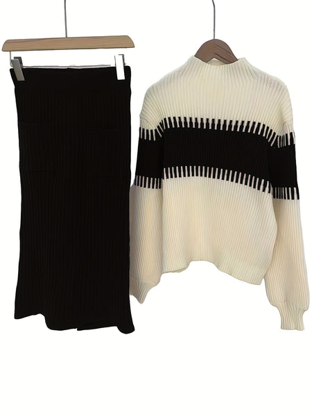 High Neck Pullover Skirt Split Two-Piece Color Block Contrast Thick Long Sleeve Sweater Set, Winter Wardrobe, Elegant Style, Color Block Design, Thick Fabric, Pullover Top, Long Sleeve Skirt, Women'S Fashion, Office Wear