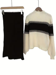 High Neck Pullover Skirt Split Two-Piece Color Block Contrast Thick Long Sleeve Sweater Set, Winter Wardrobe, Elegant Style, Color Block Design, Thick Fabric, Pullover Top, Long Sleeve Skirt, Women'S Fashion, Office Wear