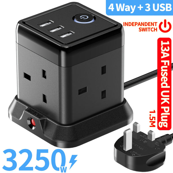 Cube Extension Lead with 3 USB Slots 13A 3250W Hulker 4 Gang Plug Extension Socket with Switch 4 Way Power Strip with 3 USB Port 1.5m Extension Cord Black for Home Dorm Office Travel