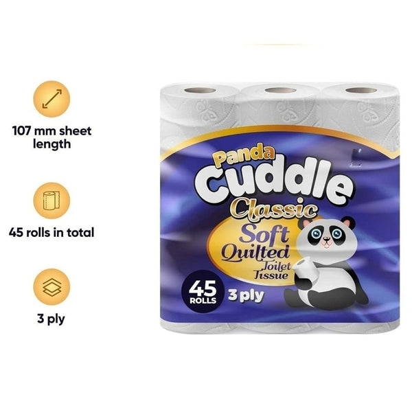 Panda Cuddle 45 Rolls, 3‑Ply Quilted Toilet Paper | Made in the UK | Luxuriously Soft, Gentle and Hypoallergenic Toilet Rolls | Family Value Pack of 45 Rolls, Gentle Bulk Bathroom Tissue, Unscented | Fast Dispatch from UK Seller