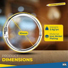 SOL 70pk Loose Binder Rings, 30mm Loose Leaf Binder Rings for Flashcards & Crafts, Durable Metal Rings for Books & Documents, Easy to Open & Close, Ideal for Binding, Organising Cards & Holding Keys