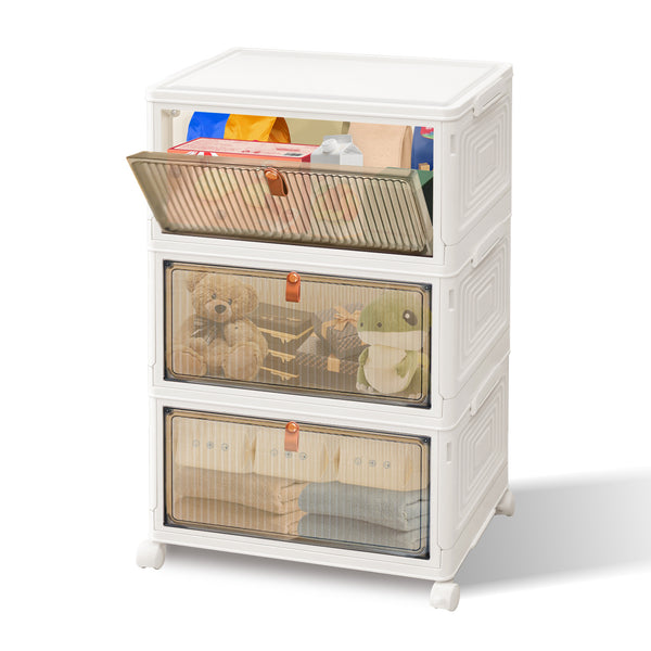 3 4 5 Tier Folding Storage Box, Plastic Collapsible Storage Box with Wheels, Stackable Storage Boxes with Lids and Front Opening Door Stackable Storage Boxes with Lids, 4 Wheels, Sturdy PP Matterial, Foldable Plastic Storage Unit for Toys/Office Supplies/