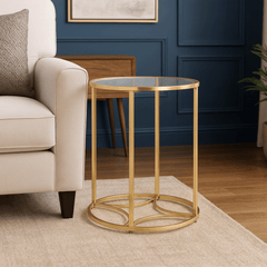 Gold Round Coffee Table with Glass Top – Modern Side Table for Living Room or Entryway