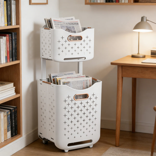 Foldable Newspaper and Magazine Holder with Wheels Multi-purpose Living Room Organisational Basket, Laundry Basket with Wheels Trolley-style Laundry Basket, Hard-wearing and Duration-proven, High Load-bearing Capacity