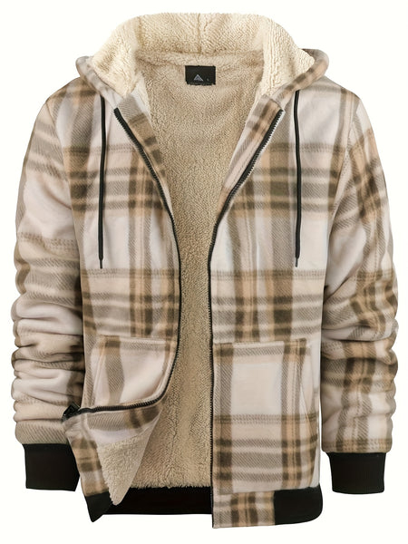 Men's Heavyweight -Lined Hooded Jacket - Full-Zip Plaid Thickened Shirt with Pockets and Adjustable Drawstring, Comfortable and Warm for Autumn and Winter