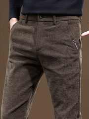 Autumn/Winter Men's Warm Casual Pants, Business Casual Slim-Fit Chenille Trousers, Solid Color