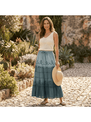 Women’s Vacation Tiered Maxi Skirt Elastic Waist Floral Embroidery Ruffle Hem - 20001