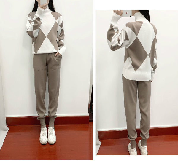 Women'S New Arrival Autumn/ Winter 2024 Casual Check Pattern Sweater Set - Style Trendy Two-Piece Outfit, Long Sleeve, Square Neck, Color Block, Drawstring, Pants, Casual Wear|Check Pattern Top|Drawstring Pants, Sweater Set