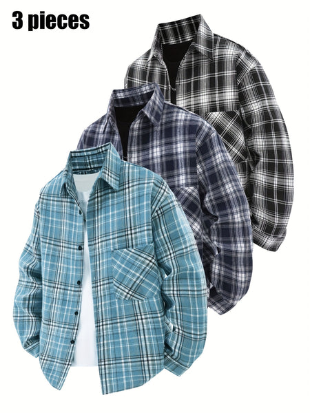 3pcs Set - Men'S Spring/Autumn Collared Checkered Shirt Youth Outdoor Casual Trendy Top Men'S Fashion Versatile Jacket