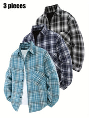 3pcs Set - Men'S Spring/Autumn Collared Checkered Shirt Youth Outdoor Casual Trendy Top Men'S Fashion Versatile Jacket