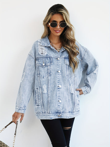 Loose-Fitting Women'S Denim Jacket with Holes