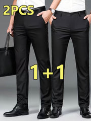 2pcs Men's Professional Business Dress Pants, Office Trousers with Stretch, Versatile Black Straight-Leg Casual Pants for Work