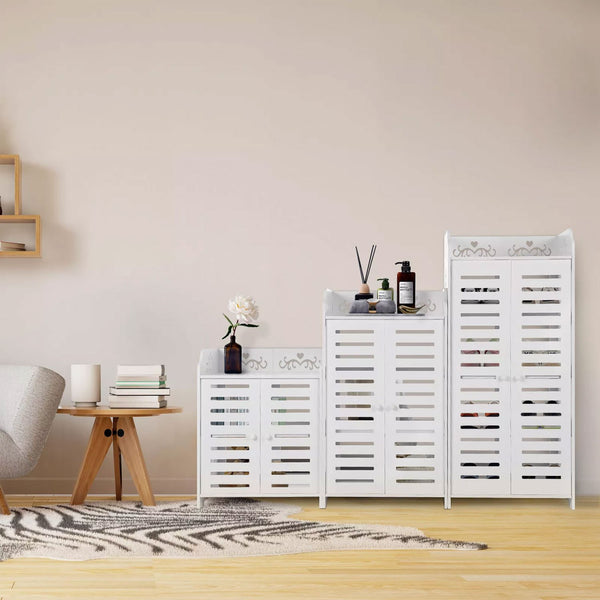 4-Tier White Modern Storage Cabinet with Double Doors - Heavy-Duty MDF/MDF-like Softwood, Shoe & Bookshelf Organizer, -Standing Furniture for Living Room, Bedroom - Space-Saving Vertical Cabinet (No Metal Parts