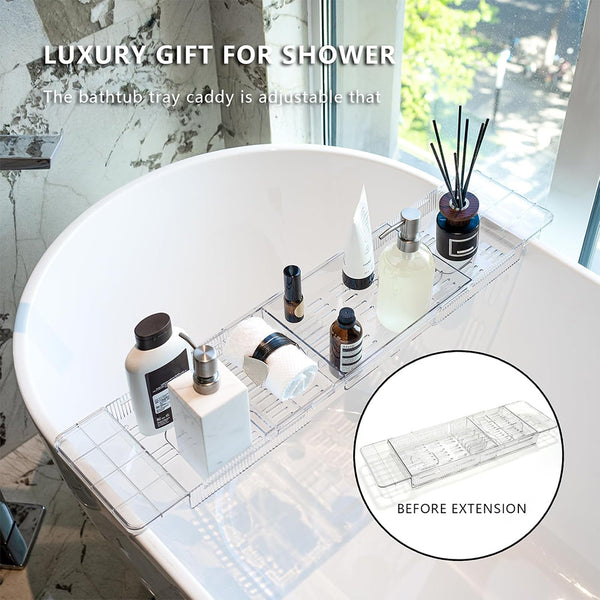 Bathroom Countertop Storage Rack, Practical Shelf, Expandable Bathtub Tray Adjustable Length Clear Bathtub Bridge Rack, Plastic Bath Shelf, Bathroom Accessories Storage, 56.5~80*18*4.5CM