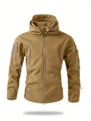 Men'S Winter Soft Shell Jacket with a Hood, Featuring Pockets And a Solid Color, Suitable for Outdoor Wear
