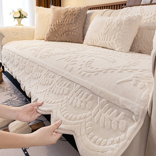 1pc Heavy-Duty Sofa Cover - Beige Floral & Leaf pattern, Non-Slip Couch Protector with Pet-Friendly One-Piece Design, Machine Washable for Living Room, Bedroom, Office - Fits Most Single/Double/Three/Four-Seater Sofas - Modern Home Decor, Sofa for Living
