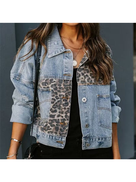 New Leopard Print Fashion Patchwork Torn Denim Top Casual Jacket, Casual Autumn Wear | Patchwork Denim Jacket | Glossy Fabric Finish