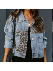 New Leopard Print Fashion Patchwork Torn Denim Top Casual Jacket, Casual Autumn Wear | Patchwork Denim Jacket | Glossy Fabric Finish