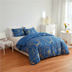 1set Blue Gilded Stone Pattern Printed Shimmering Bedding Set of Three Pieces, Equipped with 2 Pillowcases Suitable for All Seasons and 1 Soft and Comfortable Duvet Cover