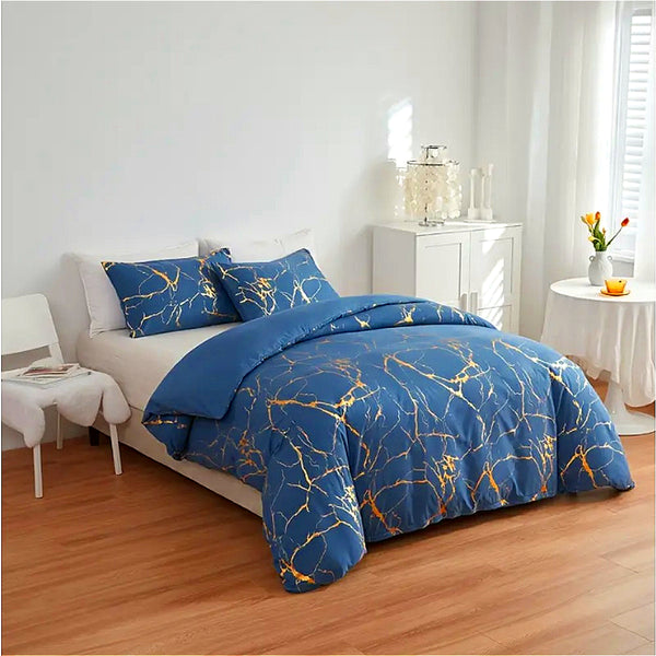 1set Blue Gilded Stone Pattern Printed Shimmering Bedding Set of Three Pieces, Equipped with 2 Pillowcases Suitable for All Seasons and 1 Soft and Comfortable Duvet Cover
