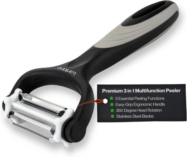 Lantana Potato Peeler + Micro-Serrated Veg Peeler + Julienne Slicer - 3 in 1 for Speed Peeling of Fruit & Vegetable - Black/Grey/Stainless Steel