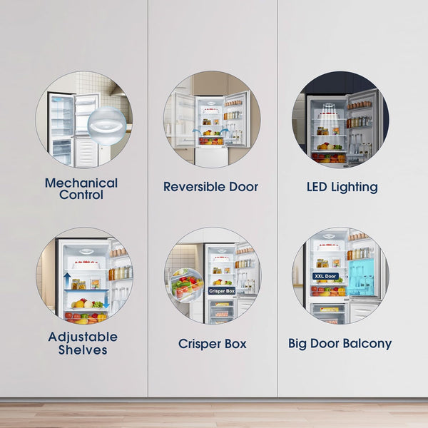Fridgemaster MC50175A 50Cm Freestanding 60/40 Fridge Freezer - 175-Litre Capacity with Crisper Box - Reversible Door - LED Lighting- 4 Star Freezer Rating - White - E Rated