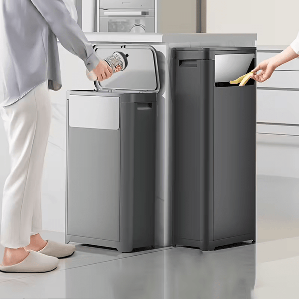 32L Double-Opening Large Capacity Assembled Garbage Bin, Black Plastic Waste Container, Featuring Press/Push Lid Opening Mechanism, Ideal for Kitchen, Living Room, Bedroom, Bathroom, And Commercial Use