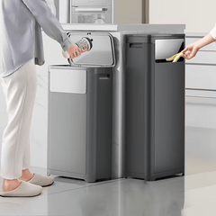 32L Double-Opening Large Capacity Assembled Garbage Bin, Black Plastic Waste Container, Featuring Press/Push Lid Opening Mechanism, Ideal for Kitchen, Living Room, Bedroom, Bathroom, And Commercial Use