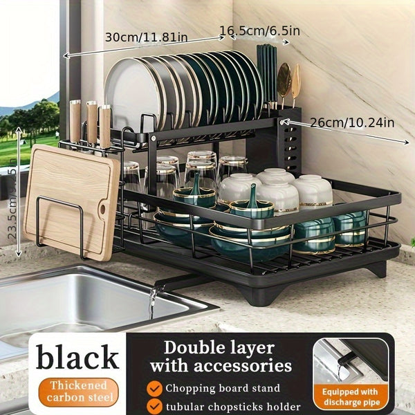 2 Tier Foldable Dish Rack - Large Capacity Space-Saving Black Iron Kitchen Storage Box for Cutlery, Pots, Pans & Utensils with Drainage System, Sturdy Countertop Cabinet, Dishwasher