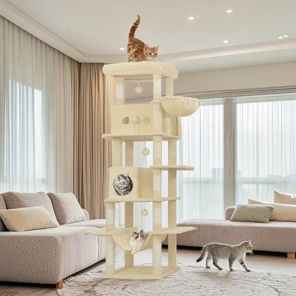 Cat Tree for Indoor Cats, 210cm Large Tall Cat Tower, Multi-Level Cats House with Condo, 8 Scratching Posts, Hammock, 4 Pom Poms