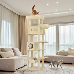 Cat Tree for Indoor Cats, 210cm Large Tall Cat Tower, Multi-Level Cats House with Condo, 8 Scratching Posts, Hammock, 4 Pom Poms