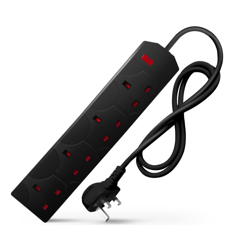 DESIRETECH Black Electric Extension Lead - 4 Gang with UK Plug & 3 Pin Socket - Wall Mountable & Multi Socket Mains Strip for Home, Bedroom, Kitchen, & Office (1 Pack)