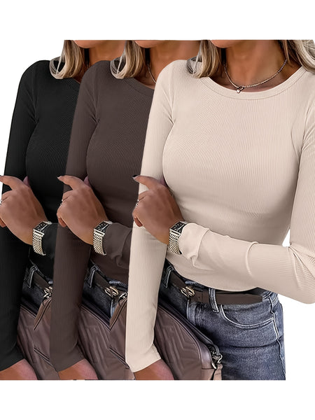 Circle Direction - 3pcs Spring/Autumn New Solid Color Round Neck Long Sleeve Loose Casual Women's T-Shirt, Machine Washable for Daily and Home Use