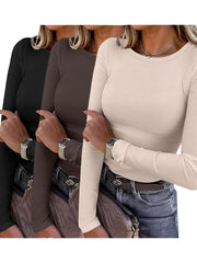 Circle Direction - 3pcs Spring/Autumn New Solid Color Round Neck Long Sleeve Loose Casual Women's T-Shirt, Machine Washable for Daily and Home Use