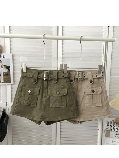 Women's High Waist Cargo Skort with Belt & Built-In Shorts - -Line Mini Skirt, Belted Waistband, Machine Washable Short Length Suitable for,, Casual Attire - Casual Streetwear Outfits