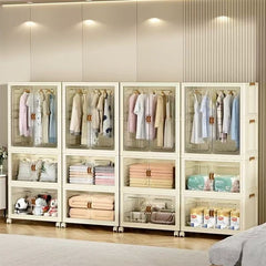 Modern Home Bedroom Armoires, Plastic Installation-Free Multipurpose Locker with Pulleys, Foldable Clothes Storage Cabinet for Living Room Bedroom or Cloakroom, Cream White