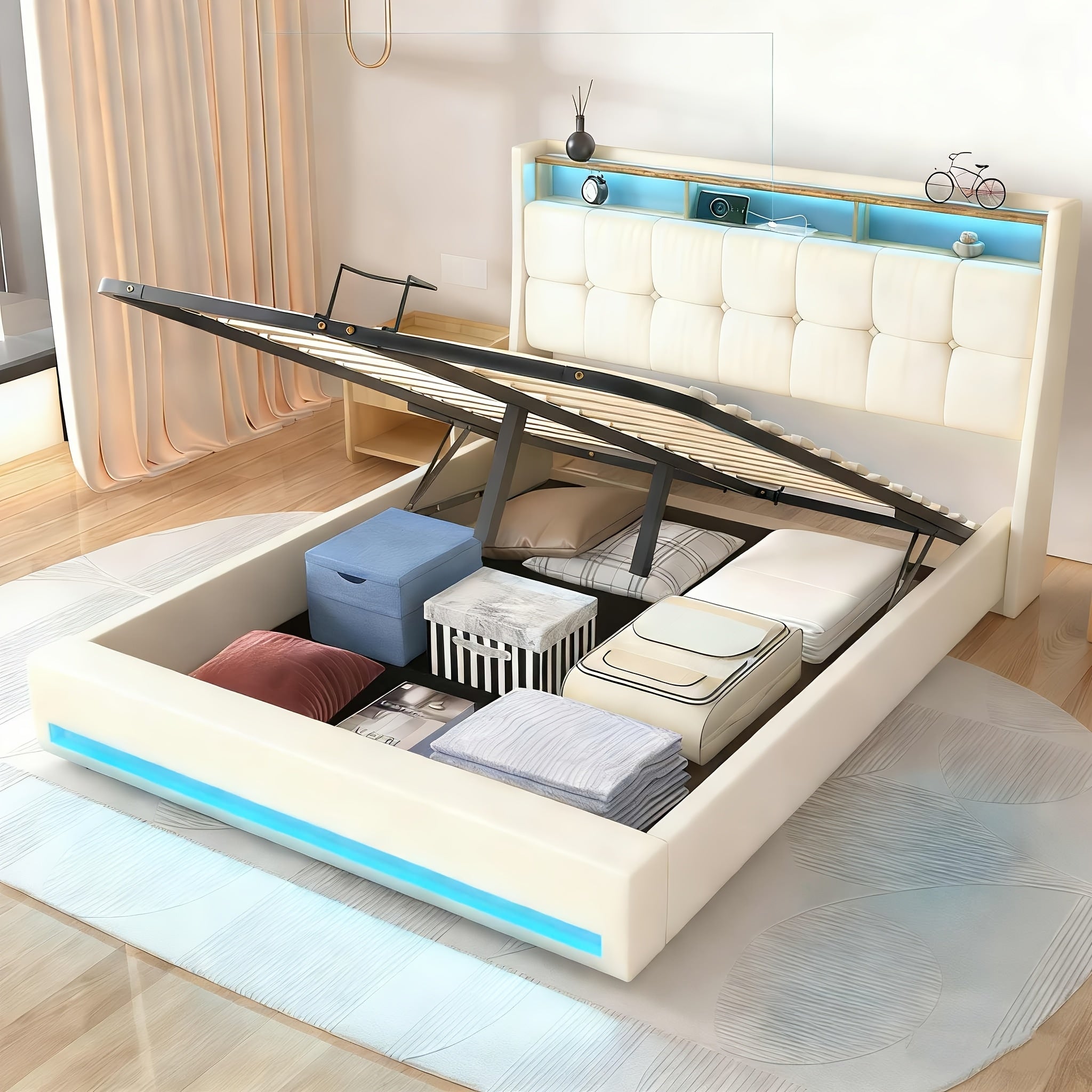 Upholstered Ottoman Bed/ 4 Drawer Storage Bed, 4ft6 Double Bed Frame with Storage & LED & USB, Gas Lift Up Storage Bed Hydraulic Upholstered Bed with Storage Headboard&Slats, Linen, No Mattress, Grey (Optional Purchase Of Mattress)