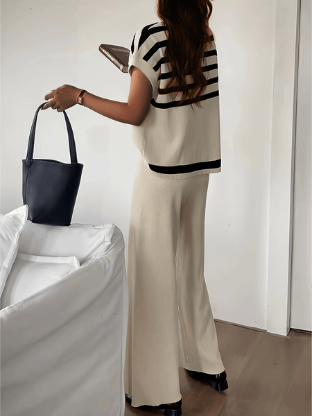 Spring/Summer Women's Fashion Set: Simple High-End Striped Vest Top + Fashionable Loose Wide-Leg Pants, Striped Color-Block Casual Outfit