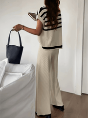 Spring/Summer Women's Fashion Set: Simple High-End Striped Vest Top + Fashionable Loose Wide-Leg Pants, Striped Color-Block Casual Outfit