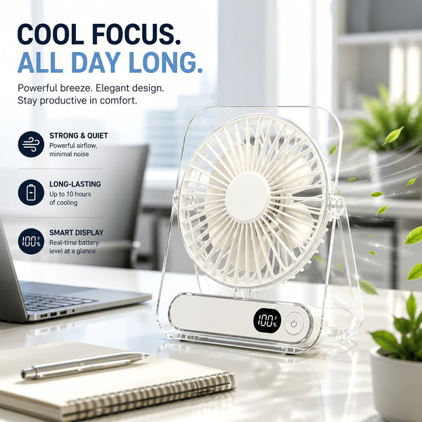 USB Desktop Fan, Portable Small Table Fan with 5 Speeds, 180° Foldable Rotation, Digital Battery Display, Ultra Quiet Strong Airflow, Cooling Fan for Bedroom Office Travel, For Outdoor Camping Travel