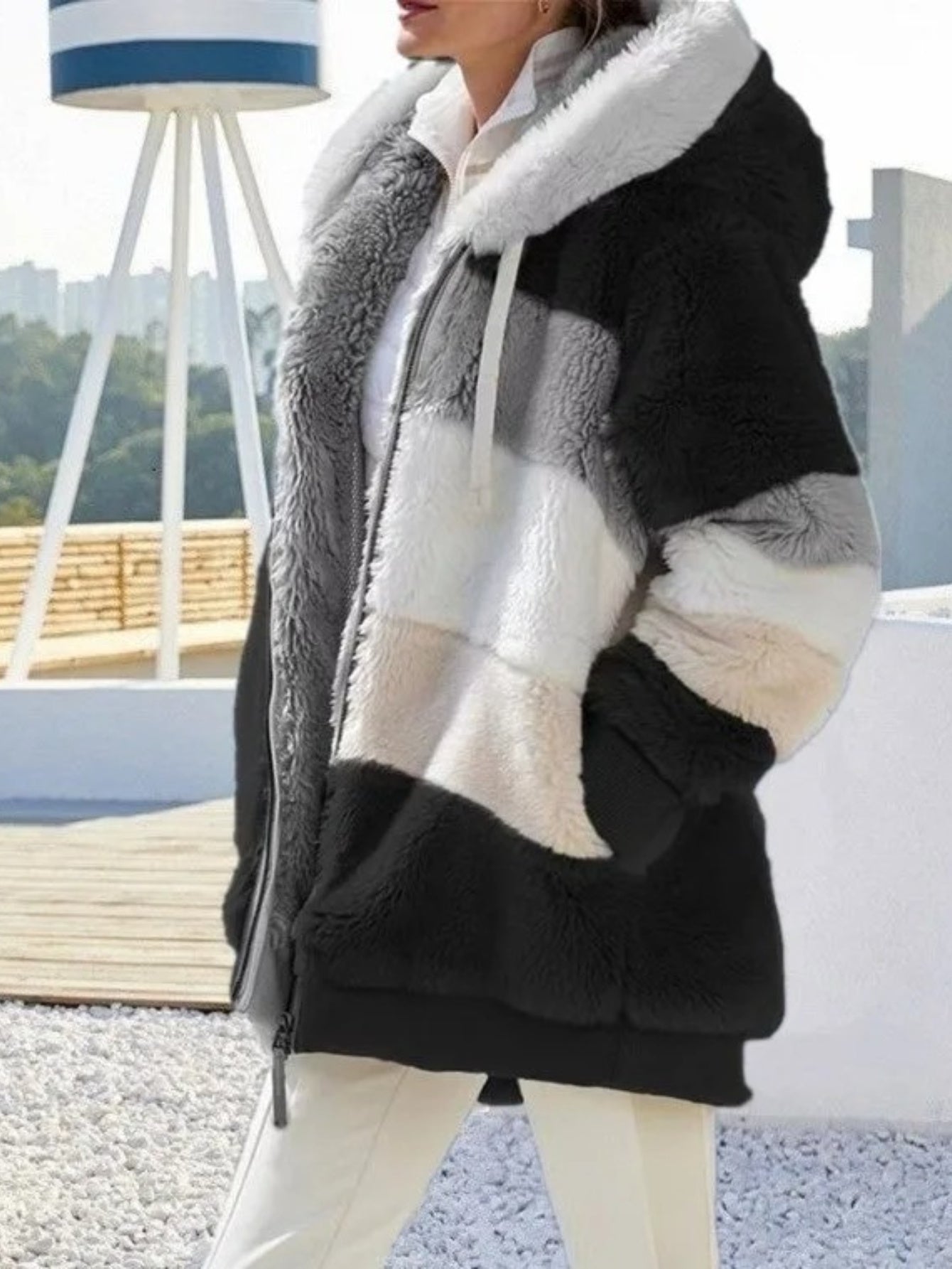 Women's Oversized Plush Flocking Jacket with Hood & Fur-Like Collar - Beige/Brown/Black/White Color-Block, Loose Fit Winter Coat, Drawstring Waist & Plush Pockets, Casual Streetwear Outerwear for Fall and Winter (Dry Clean Only), Seasonal Fashion, Colorbl