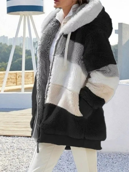 Women's Oversized Plush Flocking Jacket with Hood & Fur-Like Collar - Beige/Brown/Black/White Color-Block, Loose Fit Winter Coat, Drawstring Waist & Plush Pockets, Casual Streetwear Outerwear for Fall and Winter (Dry Clean Only), Seasonal Fashion, Colorbl