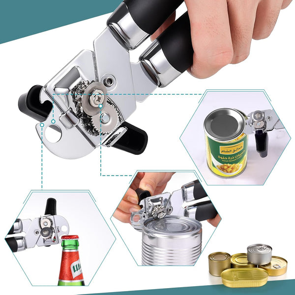 Tin Opener, Lychico 3-In-1Can Opener Handheld Heavy Duty Stainless Steel Can Openers with Multifunctional Bottle Opener, Black