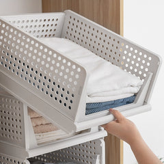 4 Pack Stackable Folding Clothing Storage Basket Drawers Wardrobe Closet Organizer Plastic Clothes Partition Shelf Stackable Hamper Bathroom, Bedroom, Office